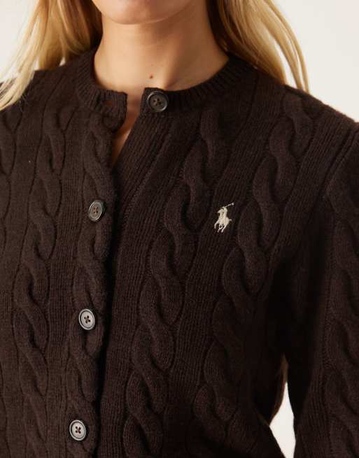 Polo Ralph Lauren icon logo wool cable knit cardigan in brown, 3 of 4