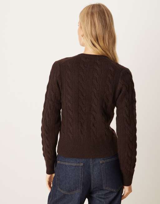 Polo Ralph Lauren icon logo wool cable knit cardigan in brown, 4 of 4