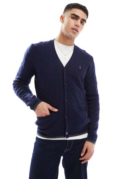 Polo Ralph Lauren icon logo wool cable knit cardigan in charcoal marl - view 1