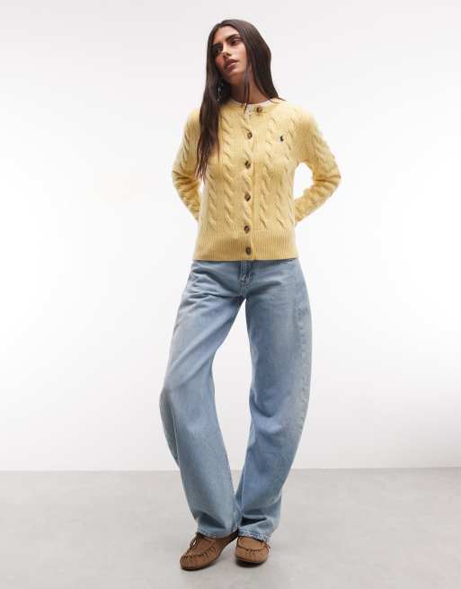 Polo Ralph Lauren icon logo wool  cable knit cardigan in yellow, 3 of 4