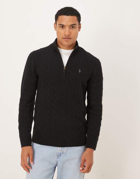 Polo Ralph Lauren icon logo wool cable knit half zip jumper in black - view 1