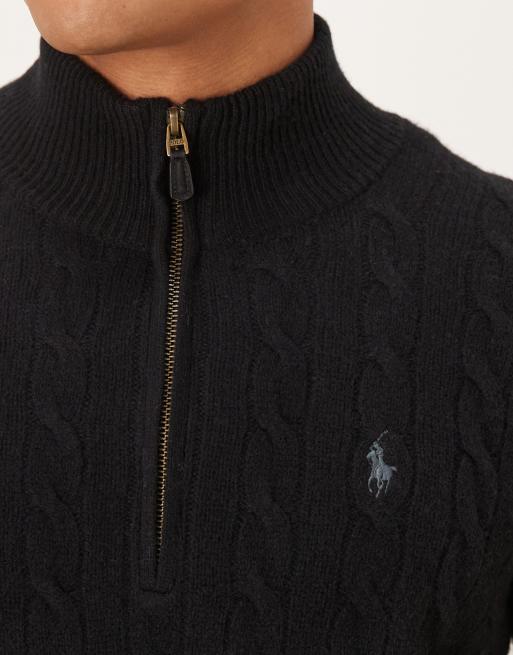 Polo Ralph Lauren icon logo wool cable knit half zip jumper in black, 5 of 5