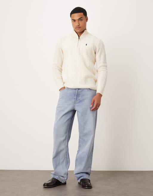 Polo Ralph Lauren icon logo wool cable knit half zip jumper in cream, 2 of 5