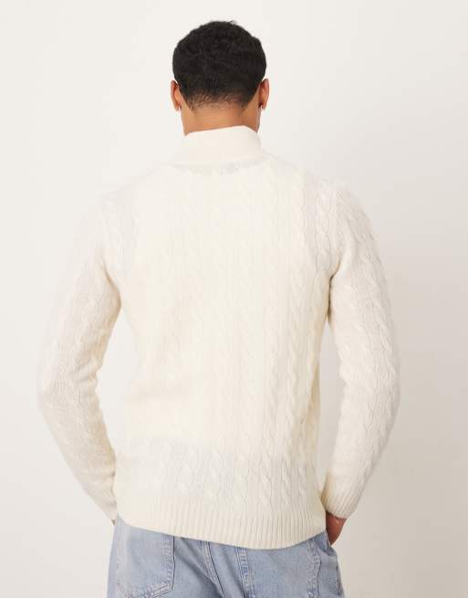 Polo Ralph Lauren icon logo wool cable knit half zip jumper in cream, 3 of 5