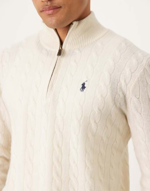 Polo Ralph Lauren icon logo wool cable knit half zip jumper in cream, 5 of 5