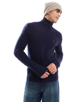 Polo Ralph Lauren Polo Ralph Lauren icon logo wool cable knit half zip jumper in navy