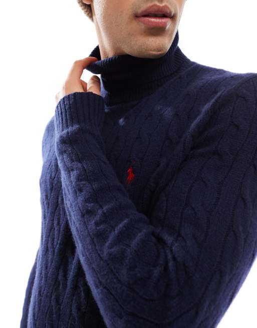 Polo Ralph Lauren icon logo wool cable knit half zip jumper in navy, 2 of 4