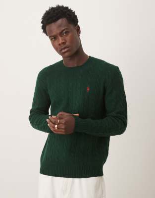 Polo Ralph Lauren Men's Green Icon Logo Wool Cable Knit Jumper In Dark