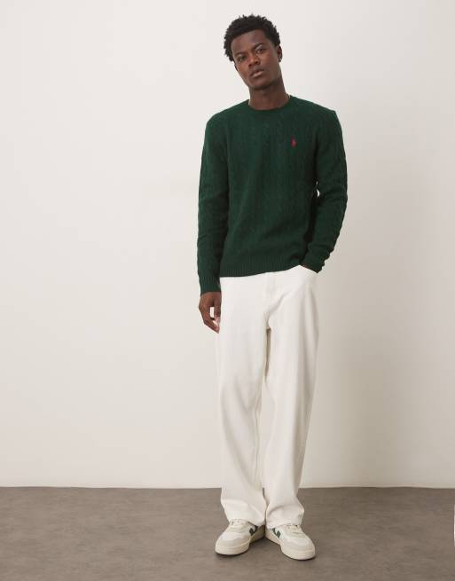 Polo Ralph Lauren icon logo wool cable knit jumper in dark green, 2 of 5