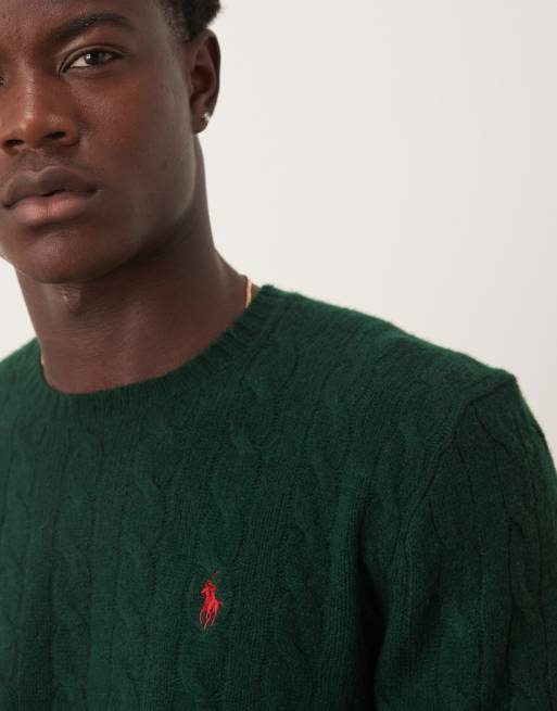 Polo Ralph Lauren icon logo wool cable knit jumper in dark green, 5 of 5