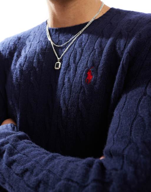 Polo Ralph Lauren icon logo wool cable knit jumper in navy, 2 of 4