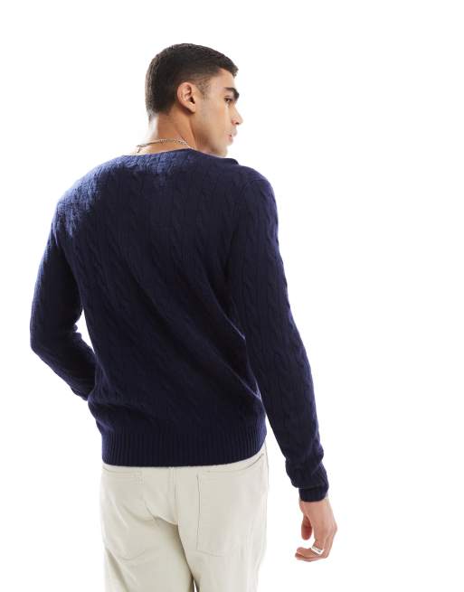 Polo Ralph Lauren icon logo wool cable knit jumper in navy, 3 of 4