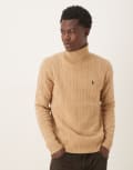 [Polo Ralph Lauren] Polo Ralph Lauren icon logo wool cable knit turtle neck jumper in camel marl-Neutral XL Camel marl