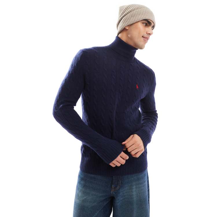 Polo Ralph Lauren icon logo wool cable turtleneck jumper in navy