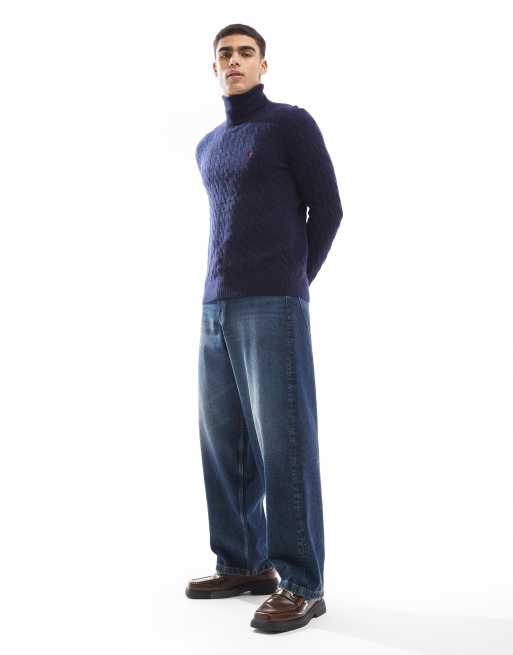 Polo Ralph Lauren icon logo wool cable turtleneck jumper in navy, 3 of 4