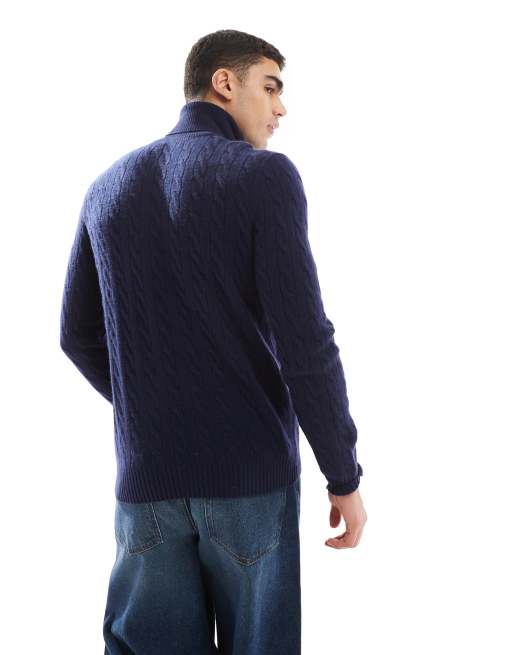 Polo Ralph Lauren icon logo wool cable turtleneck jumper in navy, 4 of 4