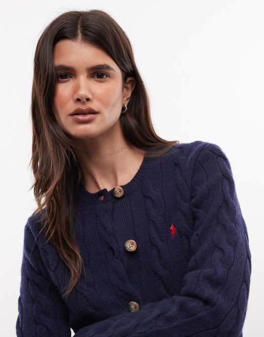 Polo Ralph Lauren icon logo  wool mix cable knit cardigan in navy, 3 of 4
