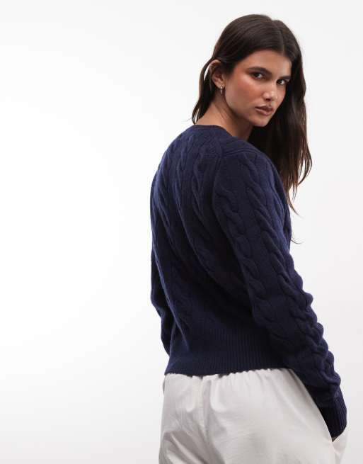 Polo Ralph Lauren icon logo  wool mix cable knit cardigan in navy, 4 of 4