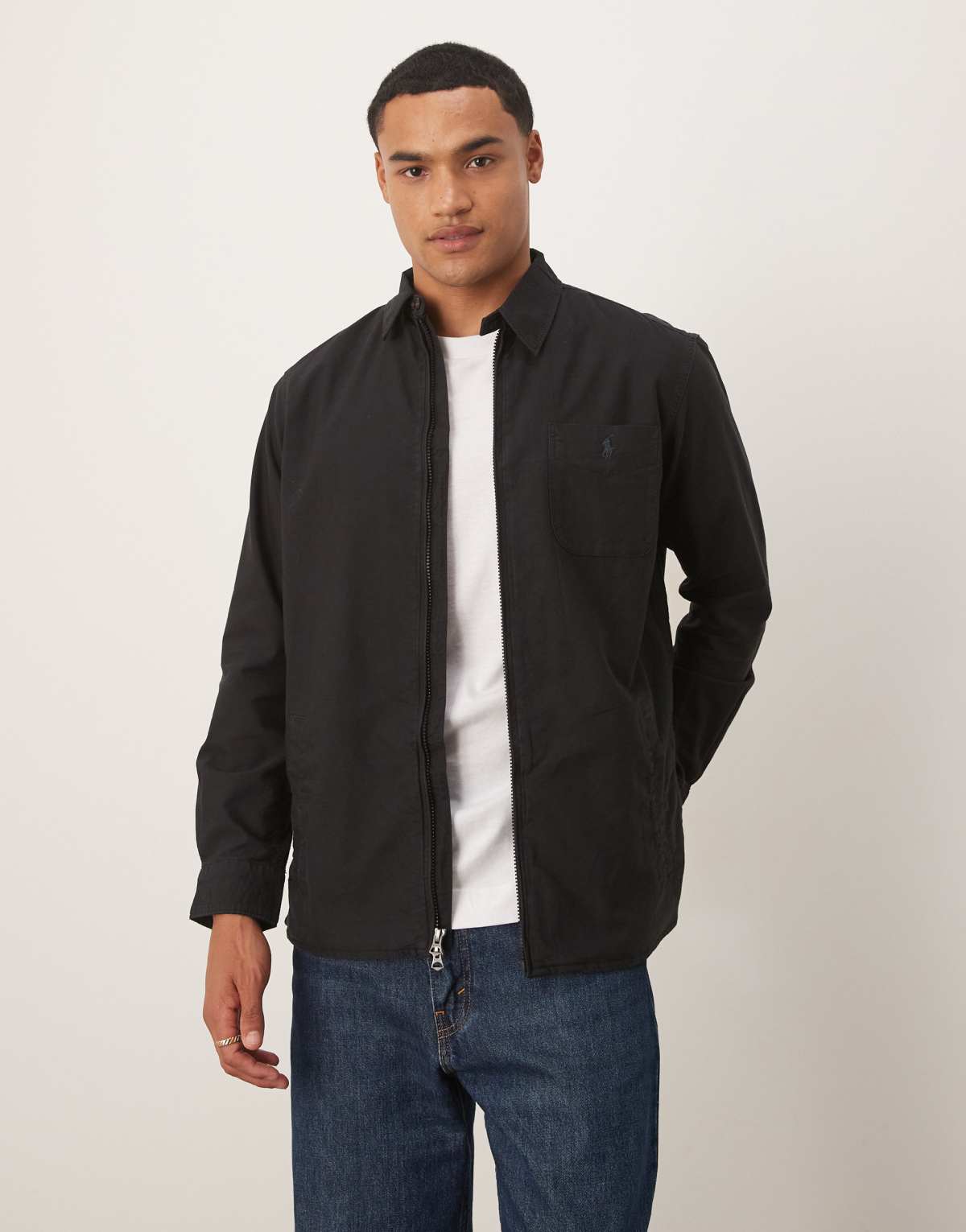 Polo Ralph Lauren icon logo zip front garment dyed oxford overshirt in black