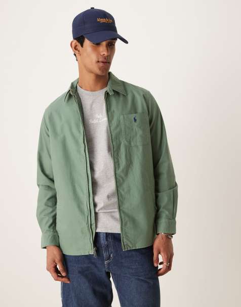 Polo Ralph Lauren icon logo zip front garment dyed oxford overshirt in light green - view 1