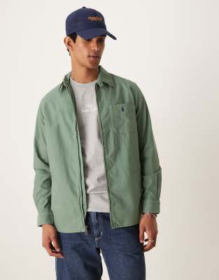 [Polo Ralph Lauren] Polo Ralph Lauren icon logo zip front garment dyed oxford overshirt in light green M Light green