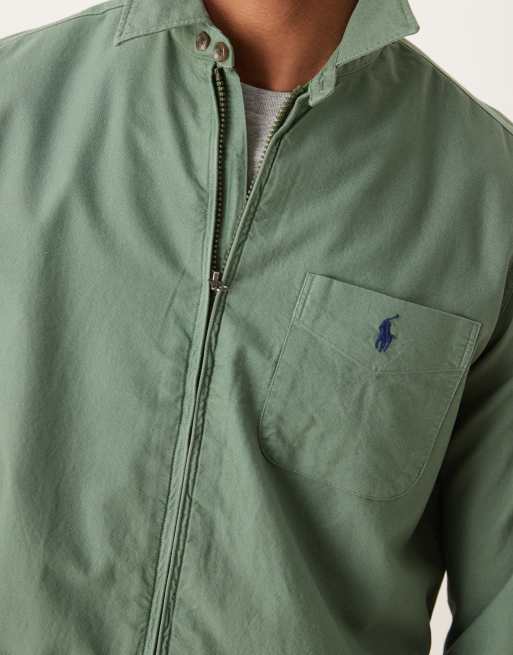 Polo Ralph Lauren icon logo zip front garment dyed oxford overshirt in light green, 2 of 4