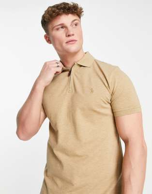 Polo Ralph Lauren icon logo zip neck stretch pique polo in tan heather