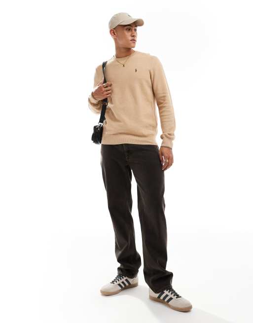 Polo Ralph Lauren - Icon - Maglione color cammello mélange in misto cotone con logo e dettagli a coste