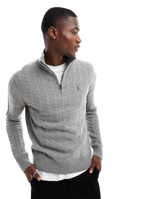 Polo Ralph Lauren - Icon - Maglione grigio mélange in misto lana a trecce con zip corta e logo