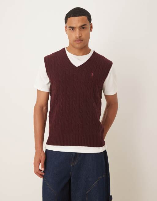 Polo Ralph Lauren - Icon - Maglione senza maniche lavorato a trecce in lana bordeaux mélange con logo e scollo a V