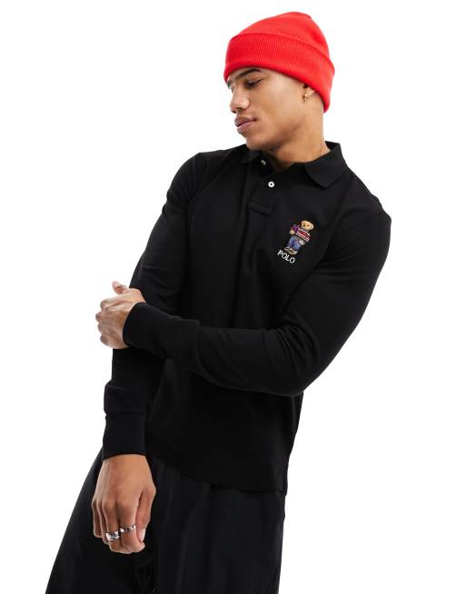 Polo Ralph Lauren - Icon - Polo slim a maniche lunghe in piqué nera con logo a orsetto con regalo