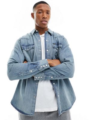 icon western denim shirt classic oversized fit in mid wash-Blue