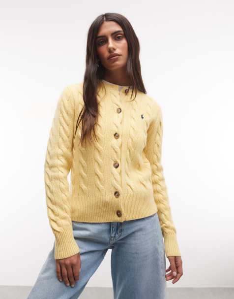 Polo Ralph Lauren ikon-logo uld kabelstrikket cardigan i gul - view 1