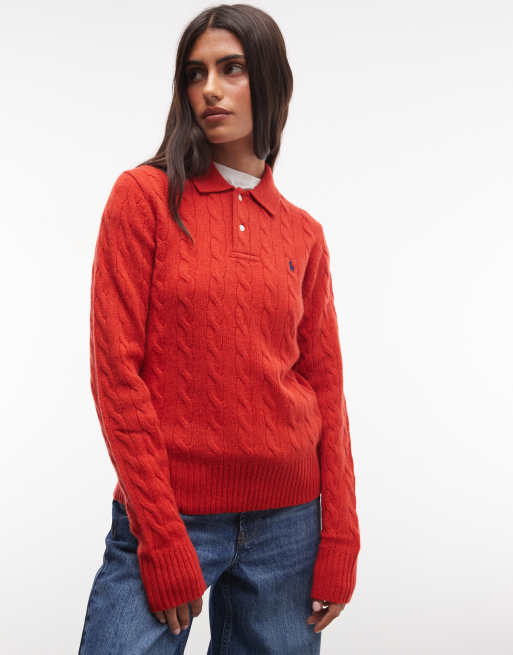 Polo Ralph Lauren ikonlogga bomullsflätstickad pikétröja i rött, 3 av 4