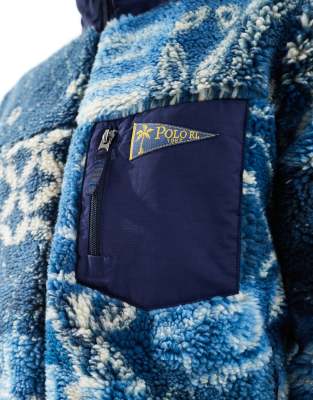 Polo Ralph Lauren Indigo Shibori Print Borg Half Zip Sweatshirt In Animal Print