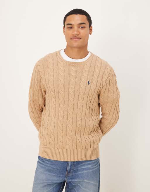 Polo Ralph Lauren – Jasnobrązowa bluza z długimi rękawami z dzianiny o warkoczowym splocie z logo