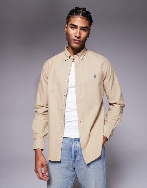 Polo Ralph Lauren icon logo slim fit garment dyed oxford shirt in tan