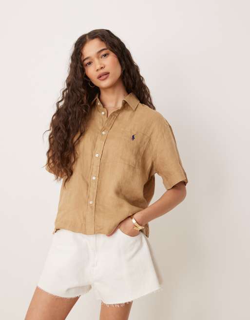 Polo Ralph Lauren – Jasnobrązowa krótka lniana koszula o pudełkowym kroju z krótkimi rękawami