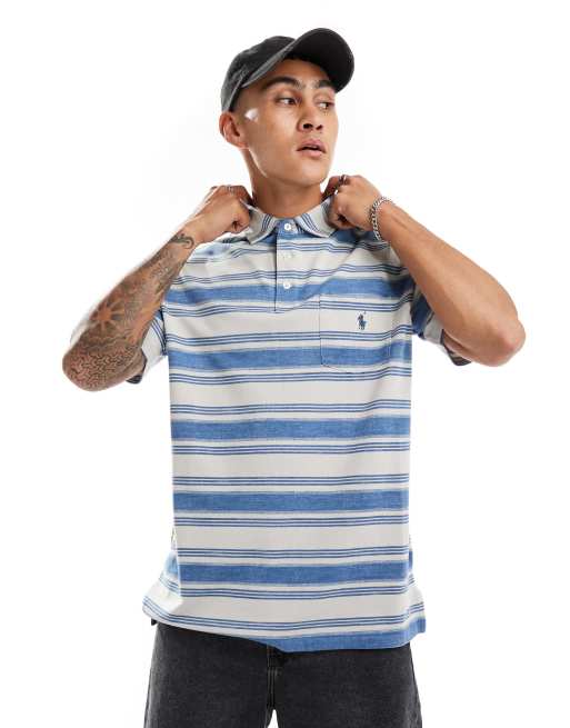 Polo Ralph Lauren – Jasnoniebieska klasyczna koszulka polo oversize z kieszonką z piki w paski z logo