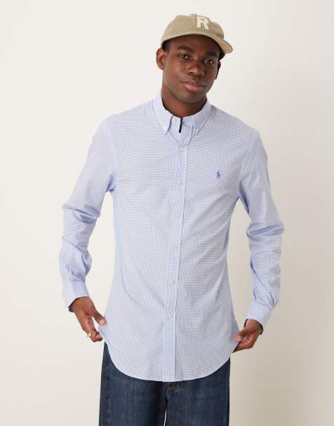 Polo Ralph Lauren icon logo slim fit houndstooth print stretch poplin shirt in light blue