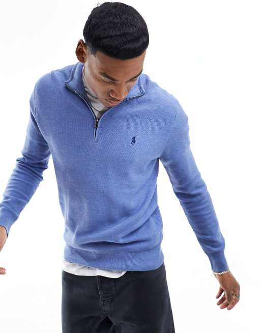 Polo Ralph Lauren – Jasnoniebieski melanżowy sweter z grubej dzianiny bawełnianej z logo i zamkiem pod szyją