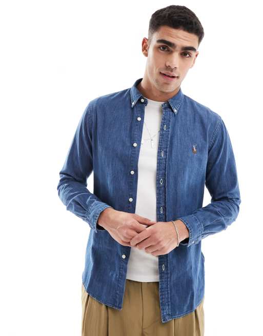 Polo Ralph Lauren – Jeansskjorta med smal passform, klassisk logga och mellanljus tvätt