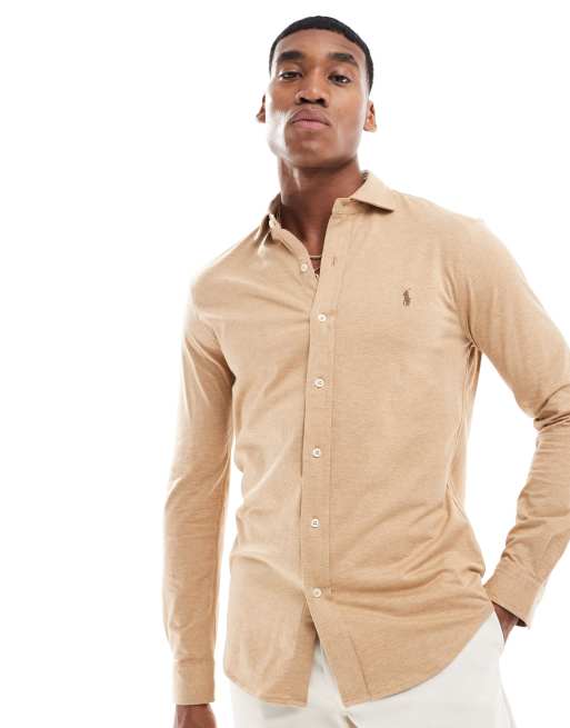 Polo Ralph Lauren - Jersey overhemd met icoonlogo en kraagje in gemêleerd camel