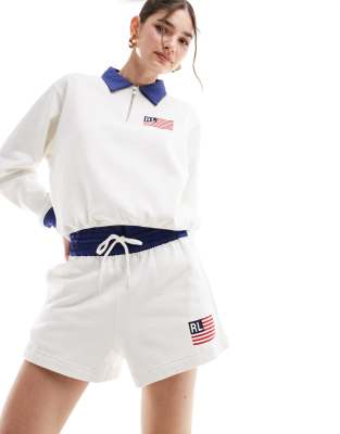 Polo Ralph Lauren - Jersey-Shorts in Creme gestreift mit USA-Logo-Weiß