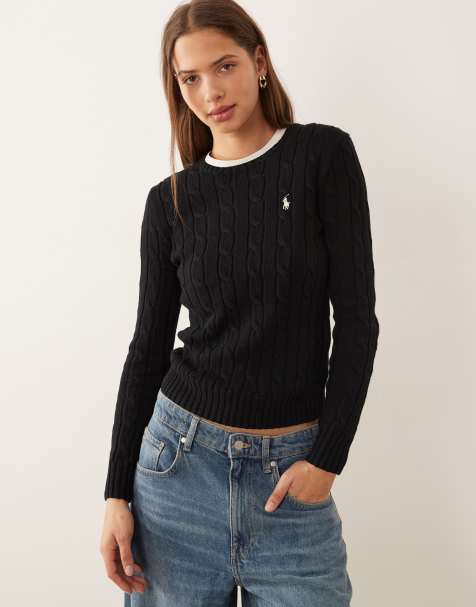 Polo Ralph Lauren – Julianna – Czarny seter z dzianiny bawełnianej o splocie warkoczowym z logo - view 1