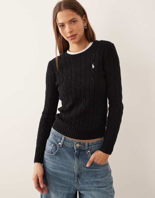 Polo Ralph Lauren – Julianna – Czarny seter z dzianiny bawełnianej o splocie warkoczowym z logo