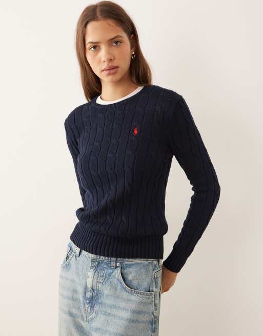 Polo Ralph Lauren - Julianna - Gebreide trui van katoen met kabels en icoonlogo in marineblauw
