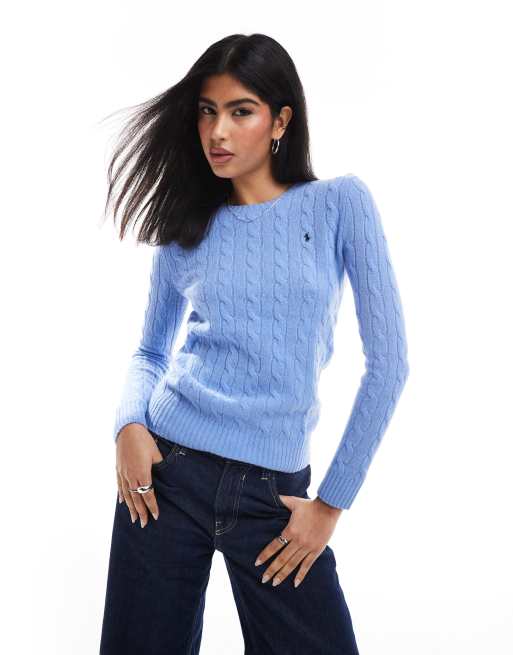 Polo Ralph Lauren - Julianna - Gebreide wollen trui met kabels in lichtblauw