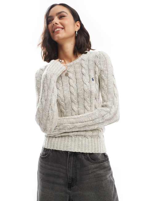 Polo Ralph Lauren – Julianna – Strickpullover aus Baumwolle in Cremeweiß mit Markenlogo und Zopfmuster