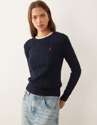 Polo Ralph Lauren - Julianna - Strickpullover aus Baumwolle in Marineblau mit Markenlogo und Zopfmuster